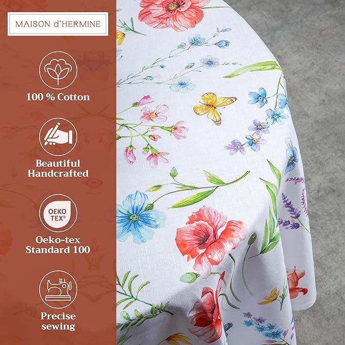 Maison d' Hermine Table Cloth Round Table 100% Cotton 69 Inches Tablecloth Reusable Decorative for Dining Room, Farmhouse, Home, Party, Festive & Wedding Spring Summer - Happy Florals - High Summer