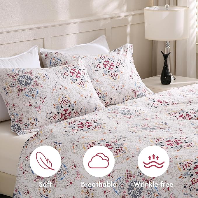 LONAVA Queen Boho 3 Pcs Duvet Cover Set, Breathable Soft Microfiber Concrete Lining Comforter Cover with Zipper Closure, and 2 Anti-Pilling, Fade Resistant Pillowcases, Cream Pasliey