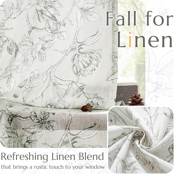 jinchan Floral Curtains 84 Inches Long Charcoal Grey Flower Linen Farmhouse Curtain for Living Room French Country Vintage Curtain Rod Pocket Curtains Set 2 Panels Gray Floral Printed