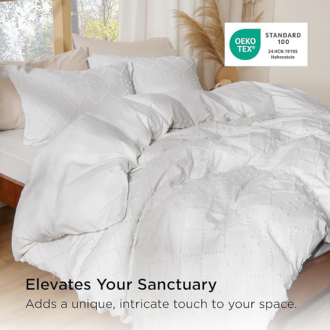 Bedsure Boho Duvet Cover King Size - Boho Bedding, Tufted King Duvet Cover for All Seasons, 3 Pieces Embroidery Shabby Chic Home Bedding,Comforter Not Included (White, 104" x 90")