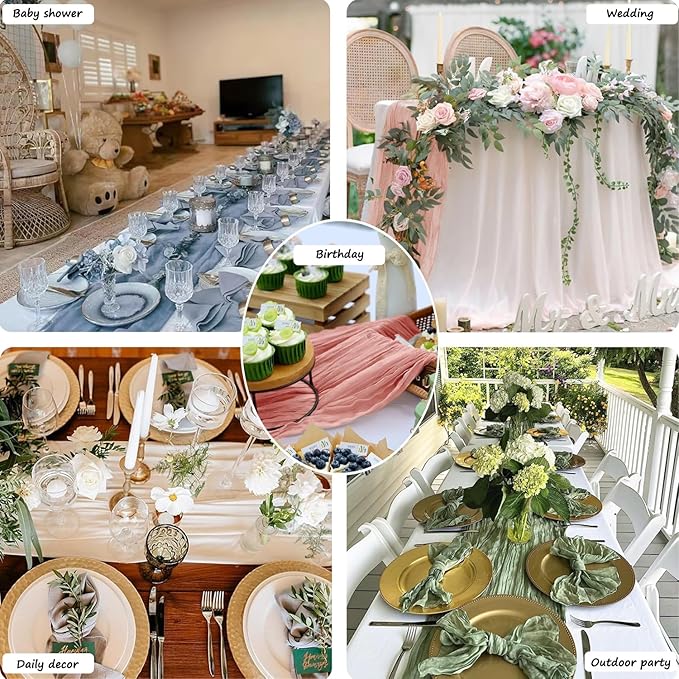 Booque Valley Dusty Blue Cheesecloth Table Runner 10ft Super Soft Boho Wrinkled Gauze Sheer Cloth for Baby Shower Baptism Birthday Party Wedding Centerpiece Table Decoration, 35x120 Inch