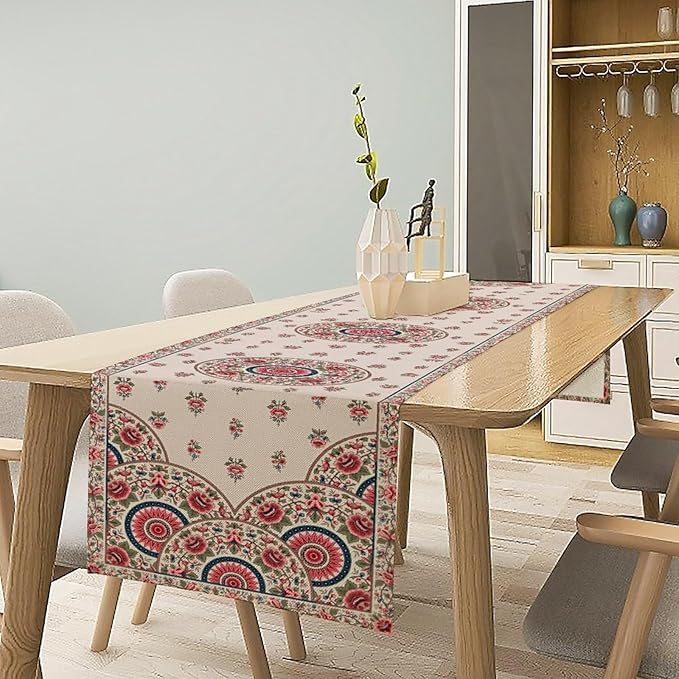Bohemian Floral Table Runner, Vintage Ethnic Mandala Pink Flowers Boho Design Table Runner for Kitchen Dining Party Wedding, 13x120 Inch