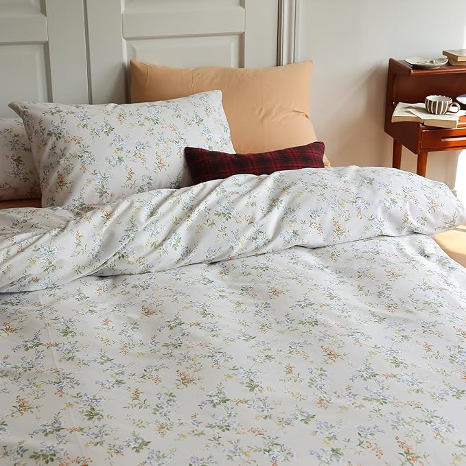EAVD Vintage Style Garden Botanical Floral Duvet Cover Twin Girl Soft Cotton Chic Floral Botanical Bedding Set with 2 Pillowcases Fresh Reversible Botanical Duvet Cover with Zipper Closure