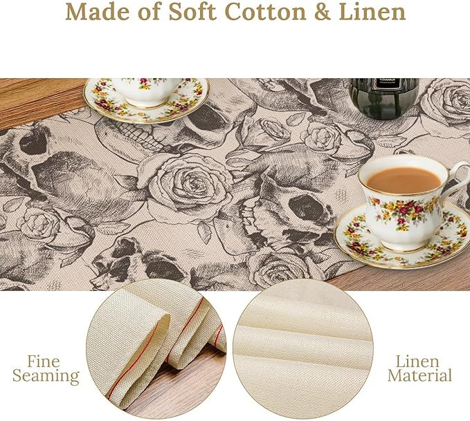 Gothic Table Runner,White Skull Floral Print Table Runner for Home Kitchen Table Dining Garden Farmhouse Wedding Party Decor 13x70 Inch