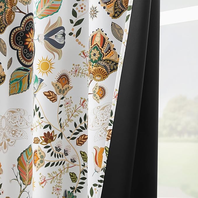 XiDi White Vintage Floral Blackout Curtains 2 Panels for Living Room Bedroom 84 Inches Long Boho Flower Leaf Patterned Curtains Thermal Insulated Mid Century Colorful Grommet Window Drapes 52x84