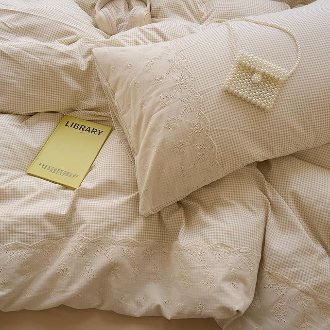 LifeTB Tan Gingham Duvet Cover Full Size 3 Pieces Romantic Lace Duvet Cover Vintage Plaid Checkered Comforter Cover with 2 Pillowcases Soft Microfiber Beige Tan Grid Farmhouse Plaid Bedding Set