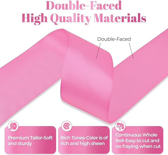 Hot Pink Satin Ribbon, Double Faced 2 Inch X 50 Yards Hot Pink Ribbon, Premium Satin Ribbon for Gift Wrapping, Crafts, Hair Bow Making, Sewing, Flower Bouquet, Wedding Party Decor