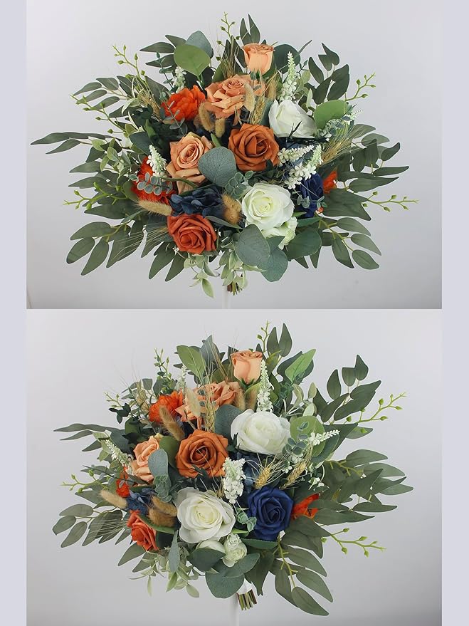 Rinlong Fall Wedding Bouquets for Bride Navy Blue Burnt Orange Bridal Bouquet for Wedding Terracotta Bouquets Boho Artificial Flowers