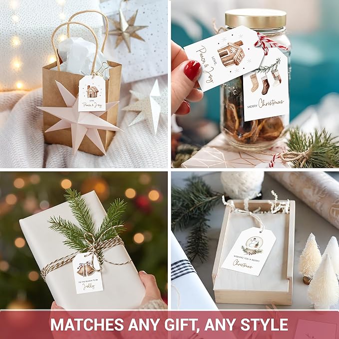 AUDREE 50 Pcs Christmas Gift Tags with String - Cozy Holiday Gift Tags for Xmas Presents - Christmas Name Tags for Gifts - Hanging Labels Decoration Xmas Winter Holiday Present DIY Crafts