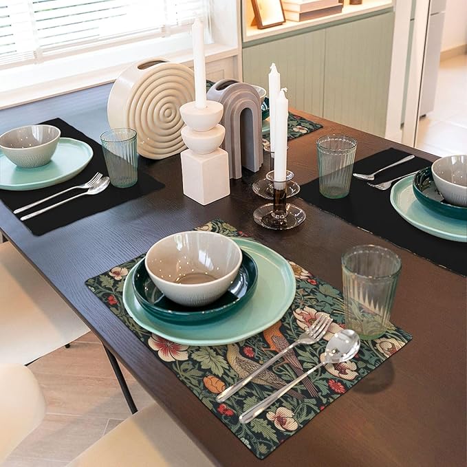 William Morris Placemats, Vintage Rustic Natural Green Plant Flower Strawberry Birdie Print Washable Fabric Placemats Table Kitchen Dining Party 12x18 Inch Set of 6