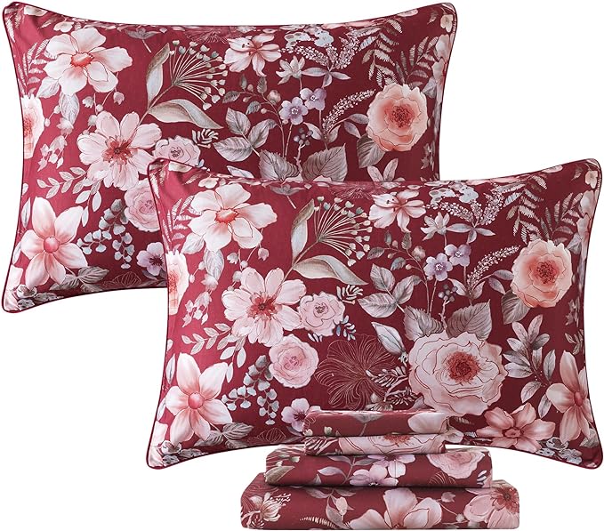 FADFAY Floral Sheets Set Queen Vintage Red Floral Bedding Shabby Pink Rose Elegant Peony Sheets Farmhouse Bedding 800 Thread Count 100% Egyptian Cotton Soft Deep Pocket Fitted Sheet 4Pcs, Queen Size