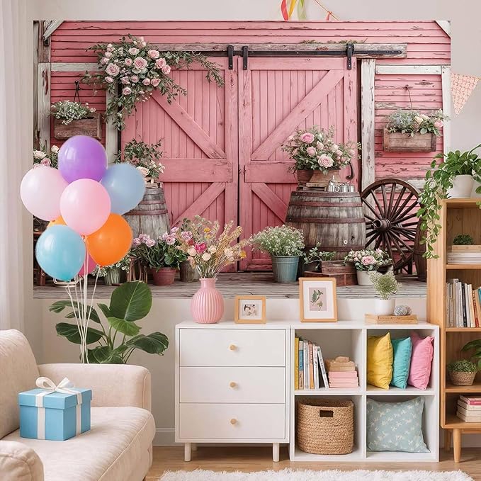 10x10ft Country Wedding Pink Photography Backdrop Rustic Wooden Door Photography Backdrop Farmhouse Flower Western Girl Birthday Baby Shower Wedding Bridal Party Banner Photo Booth Props Background