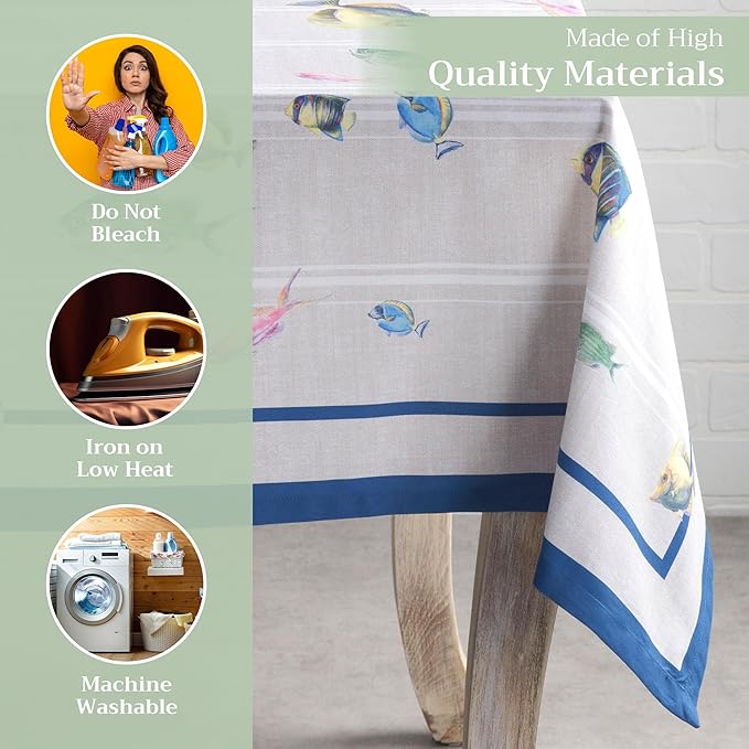 Maison d' Hermine Table Cloth Square Table 100% Cotton 54 x 54 Inches Tablecloth Reusable Decorative Everyday Use for Dining Room, Farmhouse, Home, Party, Festive & Wedding Spring Summer - Poisson