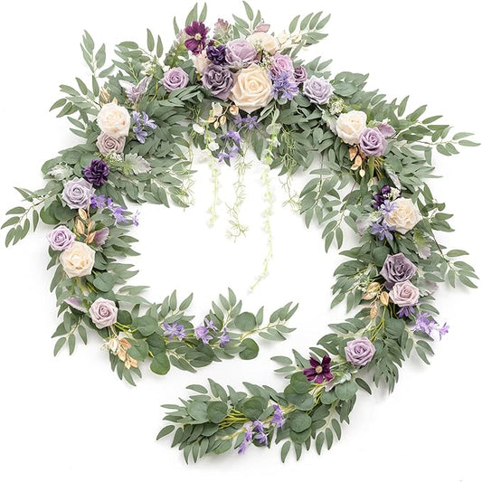 Ling's moment 9FT Flower Garland for Backdrop Decorations - Wedding Arch Flowers, Eucalyptus & Rose, Artificial Floral Garland for Mantel - Sweetheart Table Decor for Ceremony Reception, Lilac & Gold