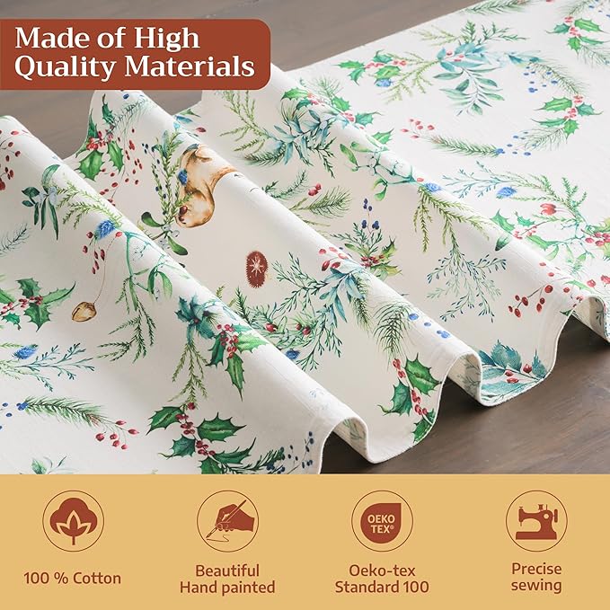 Maison d' Hermine Table Runner 100% Cotton Double Layer Table Runners 108 inches Long for Thanksgiving Christmas Decorations Home Kitchen Dining Party Wedding (Holly Time, 14.5" x 108")