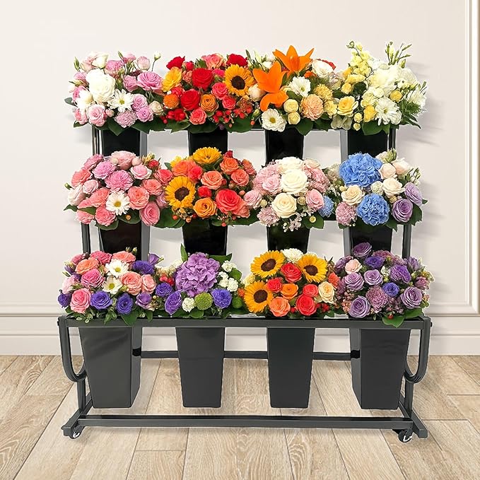 3-Tier Movable Plant Cart - Heavy Duty Flower Rack with 12 Buckets - Perfect for Shops, Homes, Cafes, and Offices（Black）