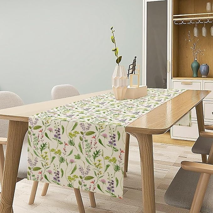 Wildflower Table Runner, Watercolor Green Botanical Flowers Vintage Bohemian Design Table Runner for Kitchen Dining Home Party Home Decor , 13x70 Inch