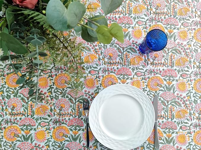 ATOSII Clover Yellow 100% Cotton Square Fall Tablecloth, Handblock Floral Print Linen Table Cloth for Kitchen Dining I Parties, Weddings, Outdoors, Christmas, Thanksgiving Fall Decor 60 X 60 Inches