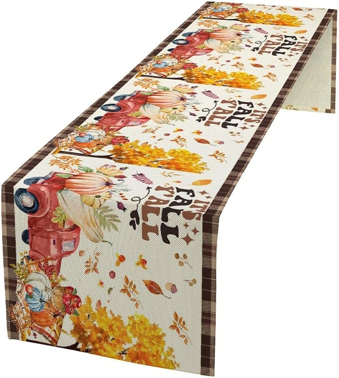 Fall Pumpkin Table Runner,Rustic Maple Yellow Leaf Trees Truncks Brown Plaid Tablecloth Burlap for Hotel Indoors Outdoor Dining Room Kitchen Home Decor,W13X L108 in
