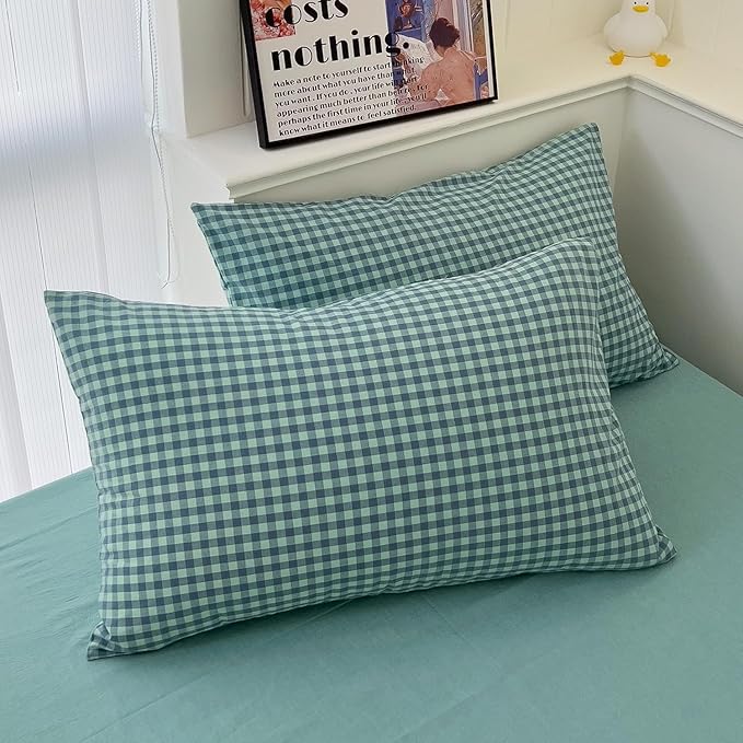 LifeTB Green Gingham Comforter Set King 3 Pieces Plaid Checkered Pattern Comforter Green Blue Grid Bed Comforter Set with 2 Pillowcases Fluffy Soft Checkered Comforter Grid Farmhouse Bedding Set