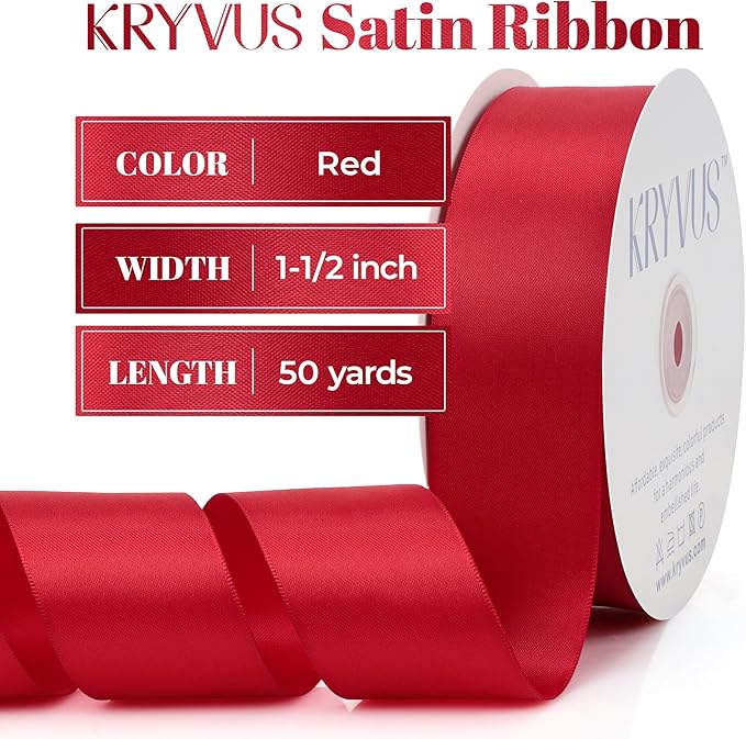Red Satin Ribbon, Double Faced 1-1/2 Inch X 50 Yards Red Ribbon, Premium Satin Ribbon for Gift Wrapping, Crafts, Hair Bow Making, Sewing, Flower Bouquet, Wedding Party Decor