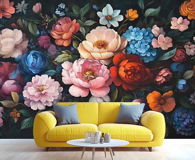 Vintage Peony Floral Wall Mural, Oil Painting Dutch Flower 3D Wall Murals, Romantic Dark Botanical Wallpaper Mural, for Living Room Bedroom Large Wallpaper Indoor Decor 98.4" W x68.9 H