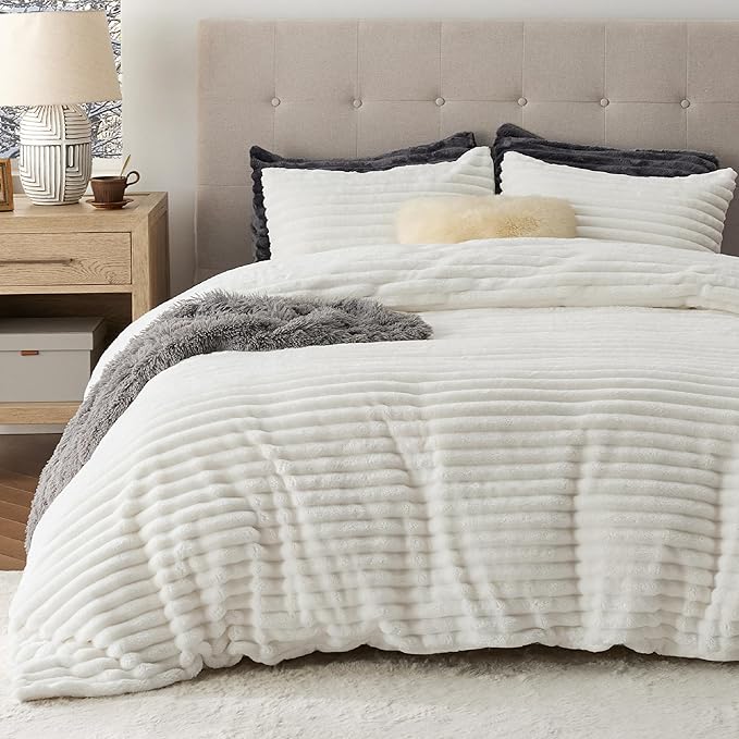 Bedsure Fluffy Duvet Cover Set - Ultra Soft Plush Shaggy Comforter Cover Queen Size, Warm Flannel Fleece Bed Sets for Winter, 3 Pieces (Striped Pattern, Coconut White)
