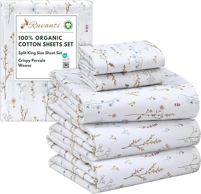 RUVANTI 100% Organic Cotton Sheets Split King, Percale Weave, GOTS Certified, 5-Piece Set, Deep Pocket 15", Crisp & Breathable, Soft Durable Bedding, Sábanas Algodón Orgánico – Field Flower
