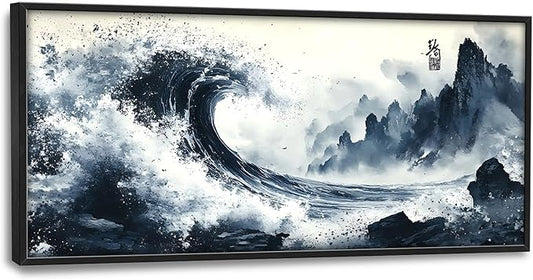 Mountain Wave Large Wall Art Framed Chinese Wall Decor for Living Room Waves Pictures Oversized Canvas Print Painting Modern Extra Large Framed Artwork for Bedroom Office Home Decor 60"x30"