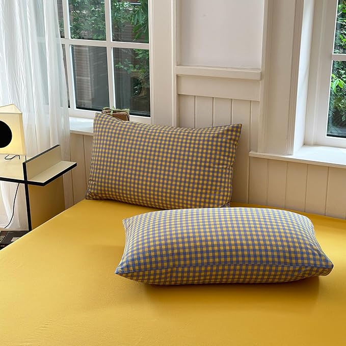 LifeTB Gingham Comforter Set Twin XL Modern Style Purple Yellow Plaid Comforter Set 3 Pieces Soft Fluffy Grid Checkered Pattern Comforter with 2 Pillowcases Farmhouse Gingham Bedding Set Twin XL