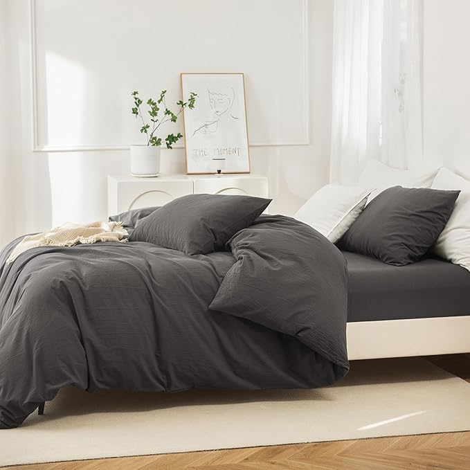 JIYUAN 100% Washed Cotton Duvet Cover Set 3 Pieces King, 1 Duvet Cover 104x90 Inches(Comforter Not Included) and 2 Pillowcases,Linen Feel Bedding Set Comfy and Breathable,Solid Dark Grey