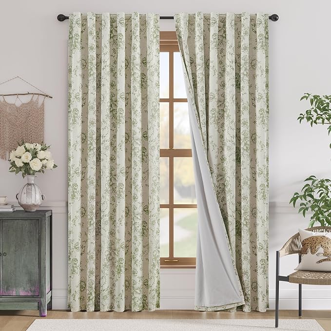 jinachan Blackout Curtains Linen Blend Floral Curtain for Living Room 90 Inch Length Christmas Sage Green Flower Printed with Lined Blackout Drapes for Bedroom Farmhouse Curtains Set 2 Panels