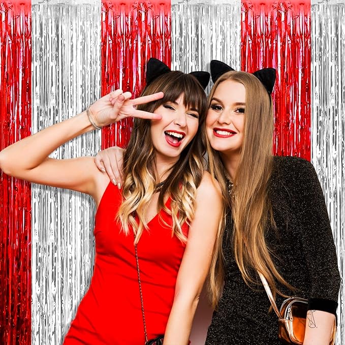 4 Pack Foil Fringe Curtain Backdrop, 3.28Ft x 8.2Ft Metallic Tinsel Foil Fringe Streamers Curtains for Photo Booth, Wedding, Circus Welcome Carnival Birthday Party Decoration Silver Red
