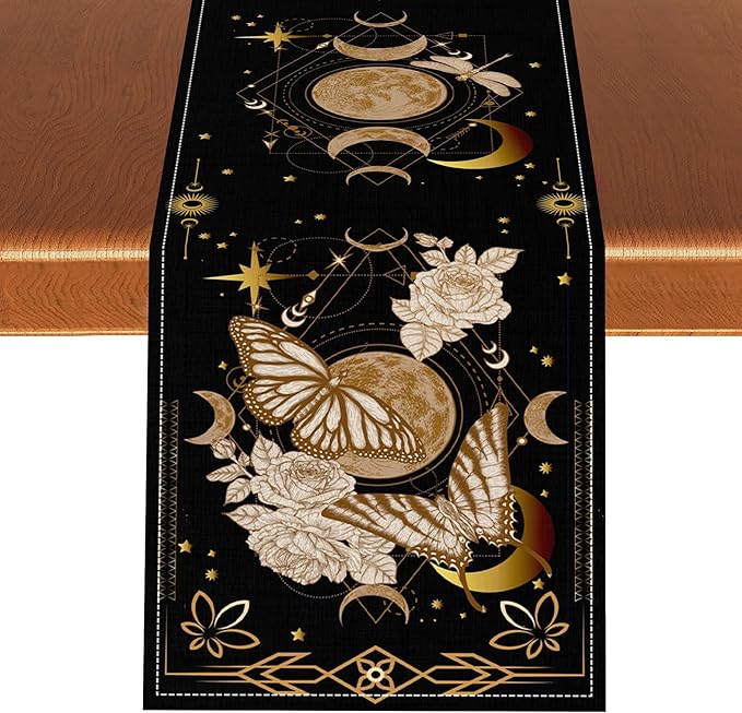 Gothic Moth Table Runner, Boho Floral Gothic Sun Moon Phase Mystical Witchy Starlight Coffee Table Center Decor for Home Kitchen Dining Patio Holiday Party Table Decorations 13x36 inches