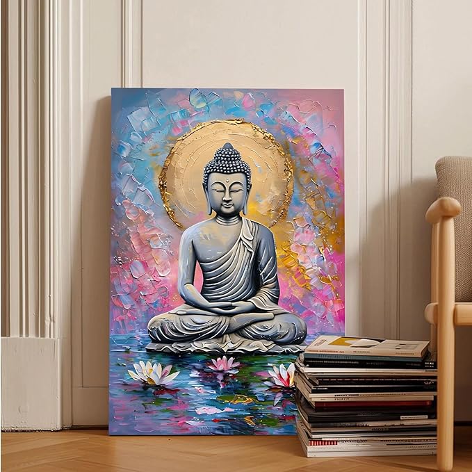 Lotus and golden Buddha meditation tranquil zen wall art mindfulness wall art for spiritual harmony and tranquility decor 24x36in Wood Framed