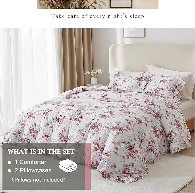 Ruffle Comforter Set Full Pink Red Floral Comforter Princess Lace Floral Bedding Set Soft Microfiber Botanical Bedding Comforter Set 1 Flower Ruffled Comforter with 2 Pillowcases for Teen Girls