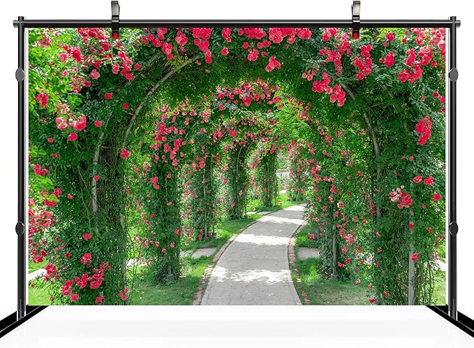 5ftx4ft Spring Flower Garden Backdrop Blossoms Flower Arch Garden Architecture Pillars Blooming Flowers Garden Path Photo Background Outdoor Wedding Portraits Photo Studio Props Wallpaper