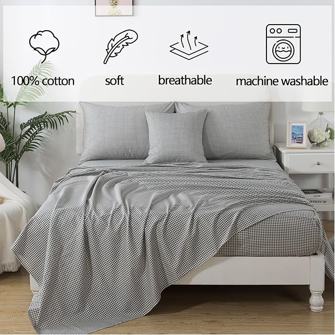 FADFAY Black Plaid Twin Size Sheets 100% Cotton Geometric Checker Bedding Teens Grid White Gingham Pattern College Bedding Deep Pocket Sheets with 2 Pillowcases Ultra Soft 4pcs, Twin Size