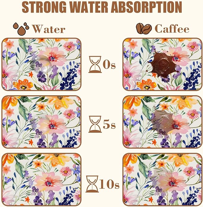 Dish Drying Mat Colorful Wildflowers Coffee Bar Mat for Countertop Absorbent Rubber Backed Hide Stain Dish Drainer Rack Pad Espresso Machine Cafe Table Dining Room Decoration 11.8 x 19.7 Inch