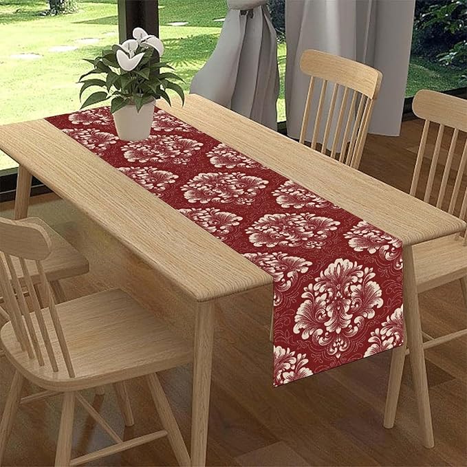 Vintage Damask Table Runner, Red Classical Luxury Old Fashioned Damask Royal Victorian Flora Print Table Center Decor for Family Kitchen Table Decorations Indoor Outdoor 13x72 inch