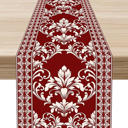 Damask Table Runner, Red Rustic Damask Antique Floral Retro Boho Art Pattern Linen Coffee Table Center Decor for Home Kitchen Dining Decorations Indoor Outdoor 13x108 inch