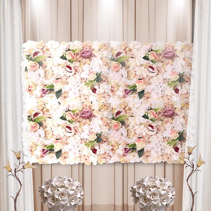 Pink Yellow Flower Wall Panels, Artificial Peony Rose Backdrop, 6Pcs 3D Silk Floral Panels for Wedding Decor, Party Background, Home Wall Decoration (40x60cm)