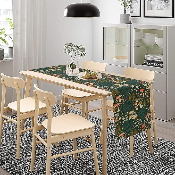 Mushroom Table Runner, Cartoon Woodland Summer Flowers Plants Forest Seasonal Spring Kitchen Dining Table Decoration for Home Party Decor, 13x120inch