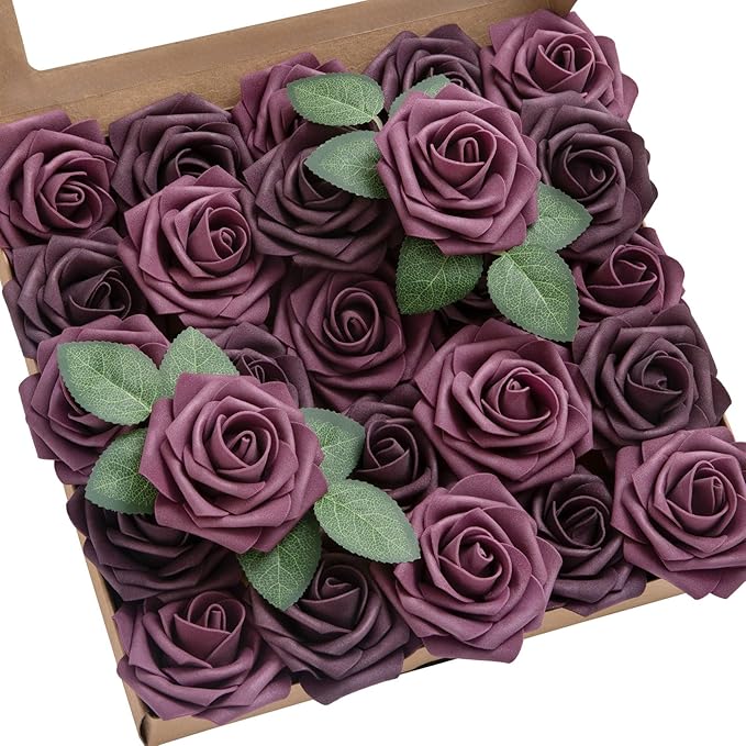 Ling's moment Artificial Flowers 25Pcs Mauve Plum Roses Decor w/Stems,3" Real Touch DIY Foam Floral for Wedding Bouquet/Centerpieces, Outdoors Party Backdrop, Room/Table, and Garden/Pot Decorations