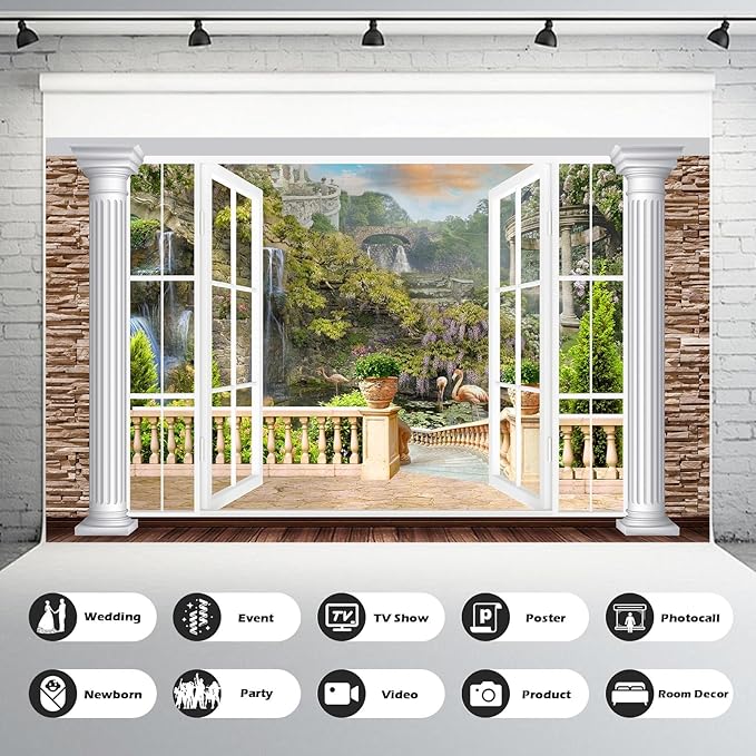 Window Scenery Backdrop White Windowsill Floral Garden Green Forest Natural Rock Stone Photography Background Garden Style Family Union Party Banner Wall Decor Photo Shoot Booth Props 7x5ft