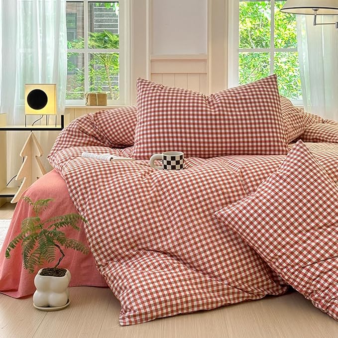 LifeTB Queen Comforter Set Modern Style Red Orange Gingham Comforter Lightweight Plaid Checkered Pattern Comforter Soft Fluffy Gingham Bedding Set Farmhouse Grid Plaid Comforter Set Queen