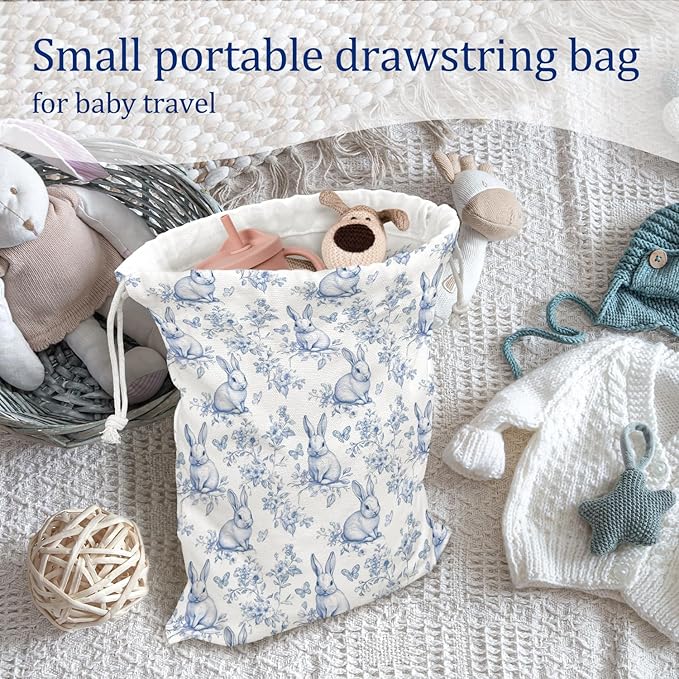 DSHFG Light Blue Chinoiserie Birthday Drawstring Gift Wrap Bags, Chinoiserie Bunny Baby Shower Drawstring Gift Bags Canvas, Blue and White Small Happy Birthday Bag, Bunny Gifts, 10x13 Inch