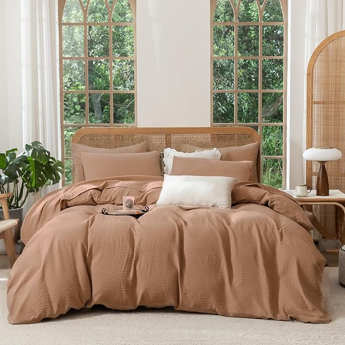 Queen Duvet Cover, Luxury Soft Microfiber Double-Layer Crinkle Gauze Cocoa Brown Duvet Cover, 3 Pieces Bedding for All-Season, Lightweight Warmth with 2 Pillowcases