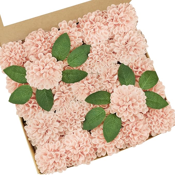 Artificial Flowers, 25pcs Realistic Artificial Rose for DIY Wedding Bouquets Centerpieces Arrangements, Peach Dahlia Flowers with Stem for Bridal Shower Party Home Decorations