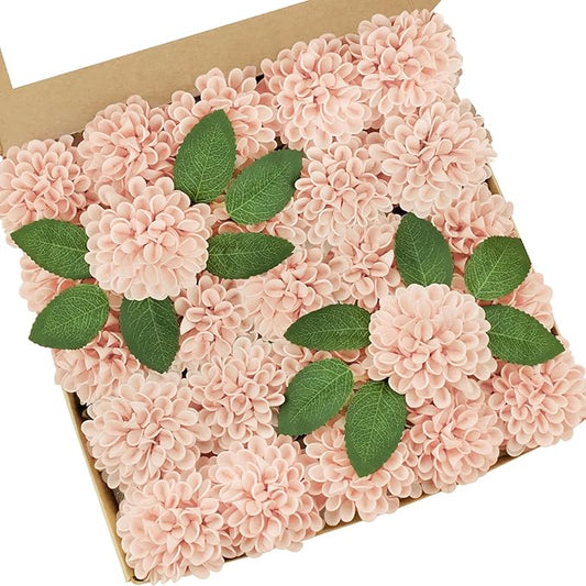 Artificial Flowers, 100pcs Realistic Artificial Rose for DIY Wedding Bouquets Centerpieces Arrangements, Peach Dahlia Flowers with Stem for Bridal Shower Party Home Decorations